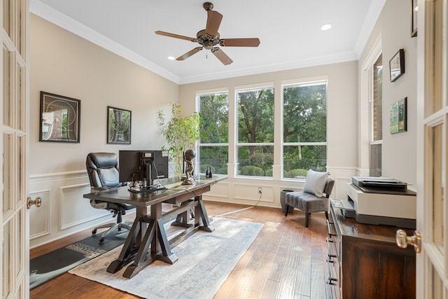 504 Rainforest Ln, Allen, TX 75013 - office with wood-type flooring, a ceiling fan, recessed lighting, a decorative wall, and ornamental molding