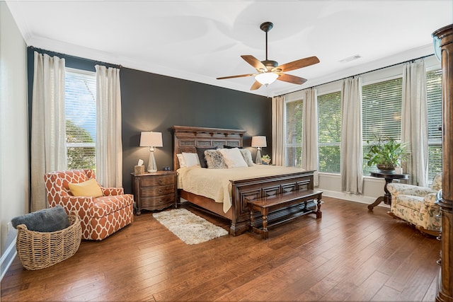 504 Rainforest Ln, Allen, TX 75013 - bedroom featuring dark wood finished floors, crown molding, and ceiling fan