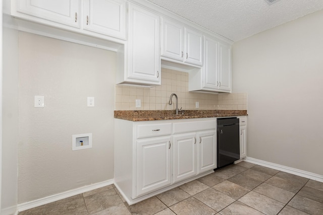 7300 Windhaven Rd, North Richland Hills, TX 76182 - kitchen with dishwasher, backsplash, white cabinets, dark stone counters, and a textured ceiling
