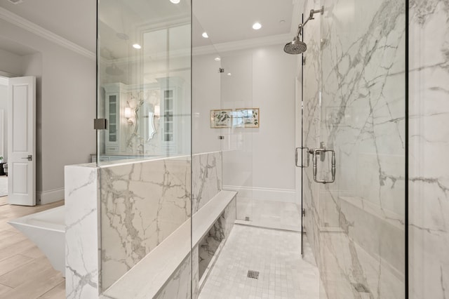 2009 Wheeler Dr, Southlake, TX 76092 - full bathroom featuring a marble finish shower, ornamental molding, recessed lighting, and a freestanding bath