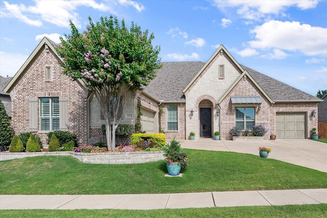 10874 Smoky Oak Trl, Flower Mound, TX 76226 - french country style house featuring brick siding, a garage, a front lawn, and a shingled roof