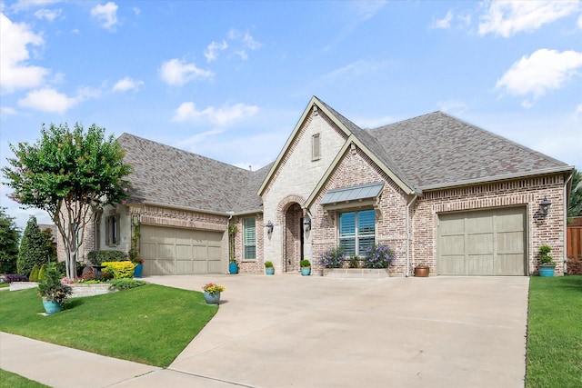 10874 Smoky Oak Trl, Flower Mound, TX 76226 - french country home featuring driveway, brick siding, roof with shingles, a garage, and a front lawn