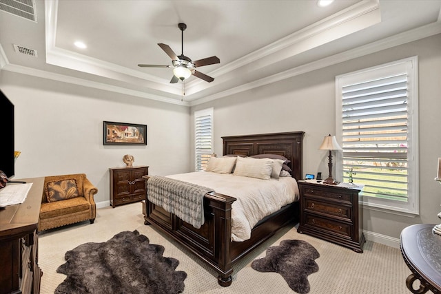 10874 Smoky Oak Trl, Flower Mound, TX 76226 - bedroom with a tray ceiling, light carpet, ornamental molding, multiple windows, and recessed lighting