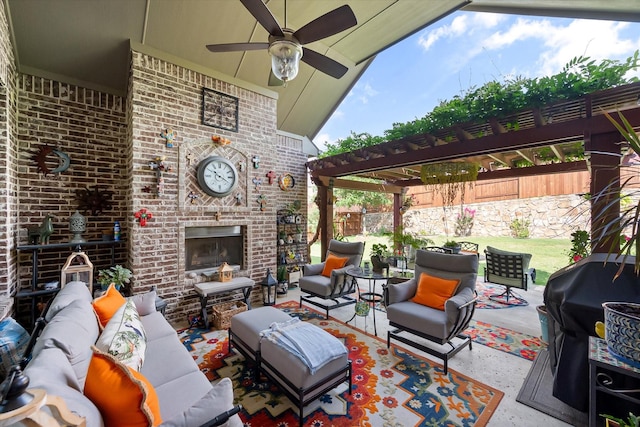 10874 Smoky Oak Trl, Flower Mound, TX 76226 - view of patio with an outdoor living space with a fireplace, a pergola, area for grilling, and a ceiling fan