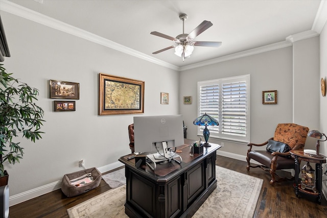 10874 Smoky Oak Trl, Flower Mound, TX 76226 - office with a ceiling fan, ornamental molding, and dark wood-type flooring