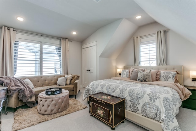 441 Jones St, Grapevine, TX 76051 - bedroom with lofted ceiling, carpet, and recessed lighting