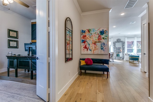 441 Jones St, Grapevine, TX 76051 - hall featuring crown molding, wood finished floors, recessed lighting, and a desk