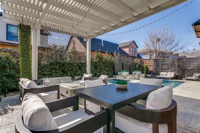 441 Jones St, Grapevine, TX 76051 - fenced backyard with a pergola, a patio area, and outdoor lounge area