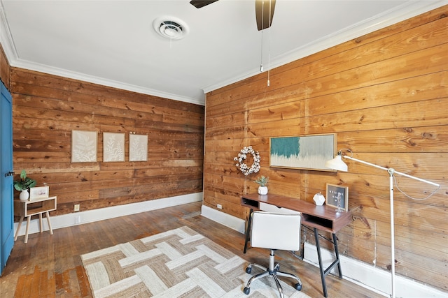1000 W Hickory St, Denton, TX 76201 - home office with ornamental molding, a ceiling fan, wood finished floors, and wood walls