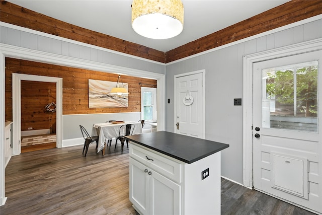 1000 W Hickory St, Denton, TX 76201 - kitchen with dark countertops, wooden walls, white cabinetry, dark wood-style flooring, and healthy amount of natural light