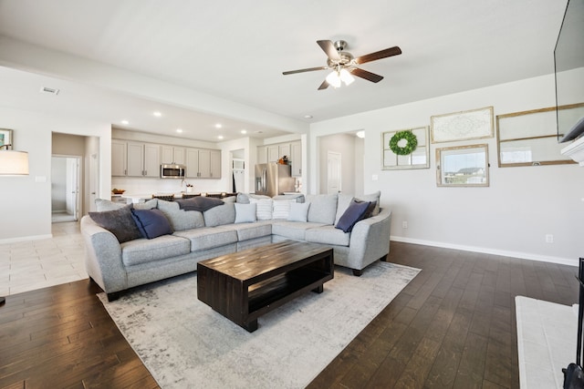 1001 Boulder Rd, Weatherford, TX 76085 - living area with a ceiling fan, dark wood finished floors, and recessed lighting