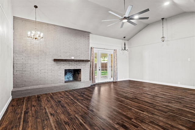 8441 Main St, North Richland Hills, TX 76182 - unfurnished living room with a chandelier, wood finished floors, a ceiling fan, a fireplace, and high vaulted ceiling