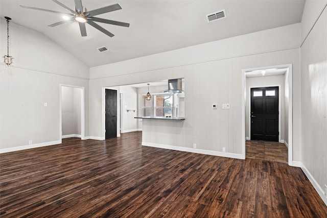8441 Main St, North Richland Hills, TX 76182 - unfurnished living room featuring dark wood-type flooring, a ceiling fan, and high vaulted ceiling