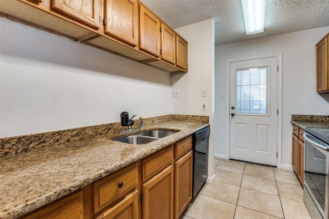 6720 Cedar Forest Trl, Dallas, TX 75236 - kitchen with stainless steel range with electric cooktop, dishwasher, brown cabinetry, light tile patterned flooring, and a textured ceiling
