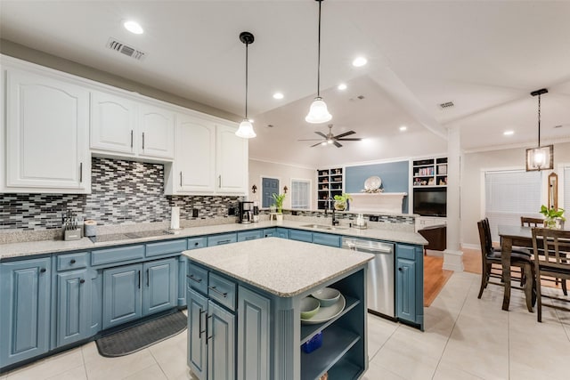 537 Estate Dr, Grand Prairie, TX 75052 - kitchen featuring stainless steel dishwasher, blue cabinets, open shelves, white cabinetry, and crown molding