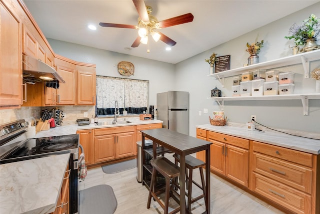 537 Estate Dr, Grand Prairie, TX 75052 - kitchen with appliances with stainless steel finishes, open shelves, ceiling fan, under cabinet range hood, and backsplash
