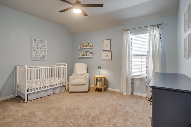 5656 Barco Rd, Fort Worth, TX 76126 - carpeted bedroom with a nursery area, vaulted ceiling, and ceiling fan