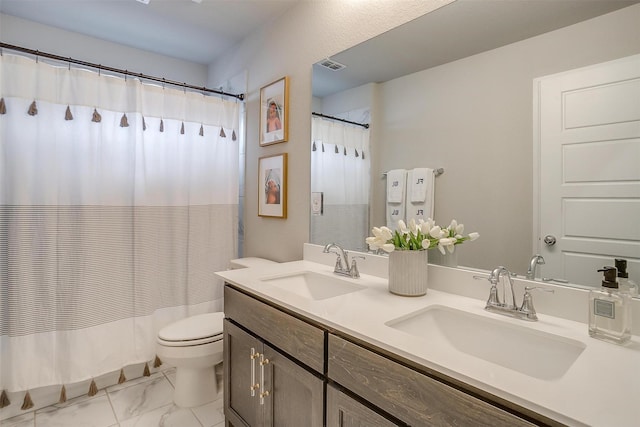5656 Barco Rd, Fort Worth, TX 76126 - bathroom with double vanity, marble finish flooring, and curtained shower
