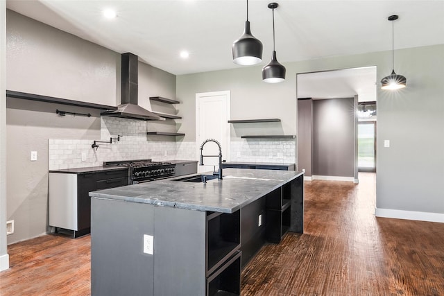 15321 Mount Evans Dr, Little Elm, TX 75068 - kitchen featuring open shelves, exhaust hood, backsplash, dark wood finished floors, and hanging light fixtures