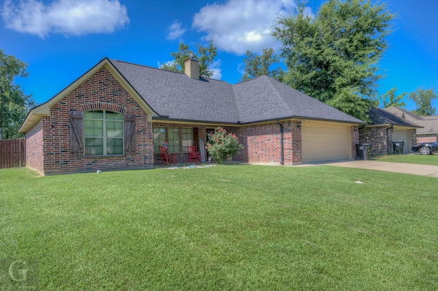 189 Bent Tree Loop, Haughton, LA 71037 - view of front of property with brick siding, a garage, concrete driveway, a chimney, and roof with shingles