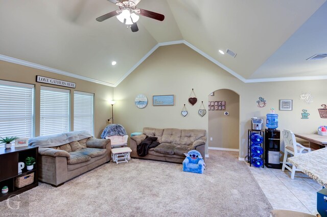 189 Bent Tree Loop, Haughton, LA 71037 - carpeted living area featuring arched walkways, a ceiling fan, vaulted ceiling, and ornamental molding