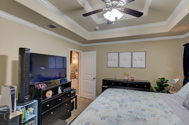 189 Bent Tree Loop, Haughton, LA 71037 - bedroom featuring a tray ceiling, carpet, crown molding, and ceiling fan