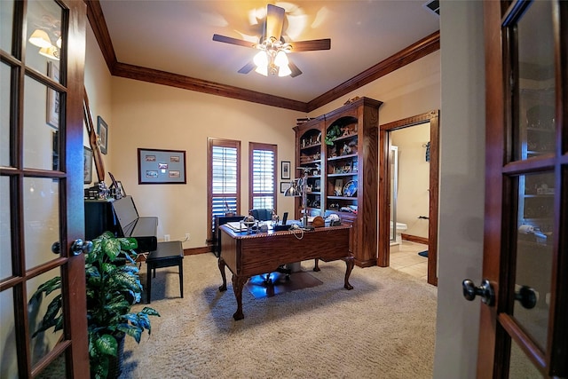 1702 High Point Dr, Pilot Point, TX 76258 - office space with crown molding, light colored carpet, a ceiling fan, and light tile patterned flooring