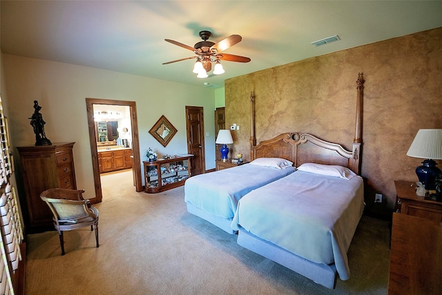 1702 High Point Dr, Pilot Point, TX 76258 - bedroom featuring light colored carpet, connected bathroom, and a ceiling fan