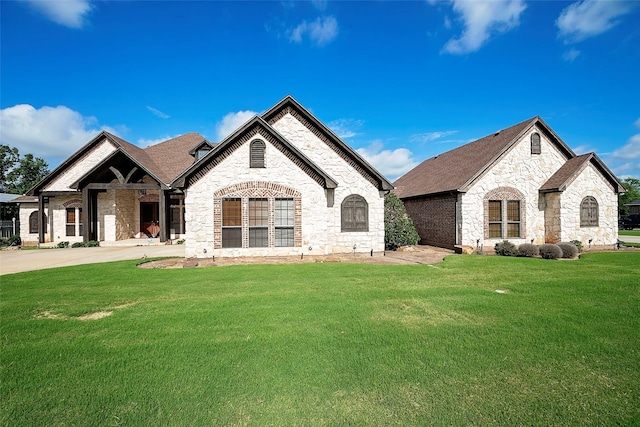 1702 High Point Dr, Pilot Point, TX 76258 - french country style house featuring stone siding, a front lawn, and brick siding