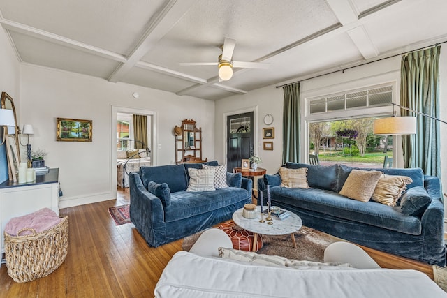887 N Clinton St, Stephenville, TX 76401 - living area featuring coffered ceiling, plenty of natural light, hardwood / wood-style floors, ceiling fan, and beamed ceiling