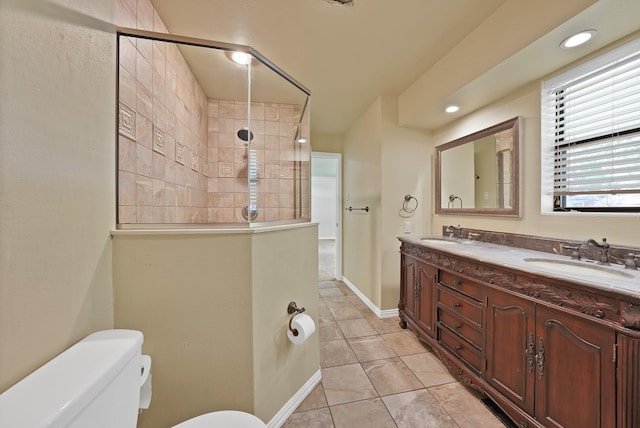4949 Mill Run Rd, Dallas, TX 75244 - bathroom with walk in shower, tile patterned flooring, and double vanity