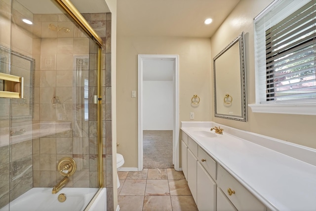 4949 Mill Run Rd, Dallas, TX 75244 - bathroom featuring vanity, combined bath / shower with glass door, tile patterned flooring, and recessed lighting