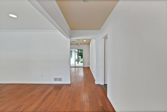 4949 Mill Run Rd, Dallas, TX 75244 - hallway featuring ornamental molding and hardwood / wood-style floors