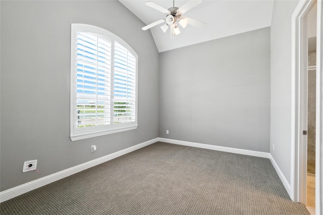4510 Woodbine Ln, Prosper, TX 75078 - empty room featuring plenty of natural light, a ceiling fan, carpet floors, and vaulted ceiling