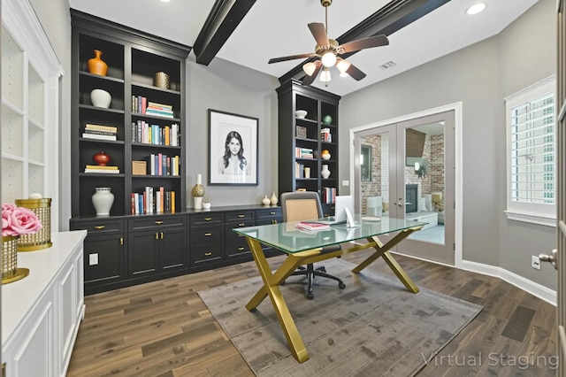 4510 Woodbine Ln, Prosper, TX 75078 - office space featuring dark wood-style flooring, ceiling fan, and french doors