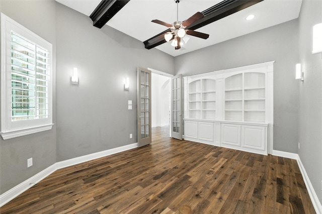 4510 Woodbine Ln, Prosper, TX 75078 - unfurnished bedroom featuring dark wood-style flooring, a ceiling fan, beamed ceiling, and recessed lighting