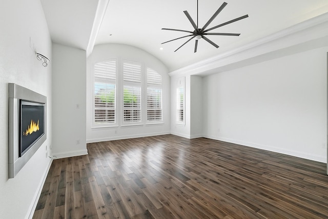 4510 Woodbine Ln, Prosper, TX 75078 - unfurnished living room with dark wood finished floors, a glass covered fireplace, a ceiling fan, and vaulted ceiling