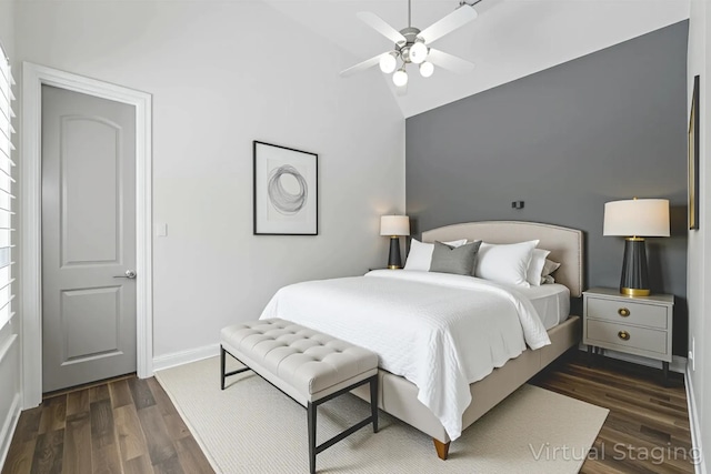 4510 Woodbine Ln, Prosper, TX 75078 - bedroom featuring dark wood-type flooring, a ceiling fan, and high vaulted ceiling