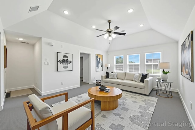 4510 Woodbine Ln, Prosper, TX 75078 - carpeted living area featuring lofted ceiling, a ceiling fan, and recessed lighting