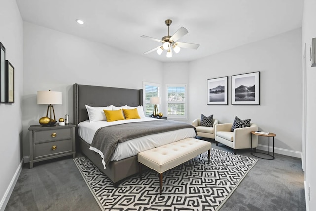 4510 Woodbine Ln, Prosper, TX 75078 - bedroom featuring dark carpet, ceiling fan, and recessed lighting