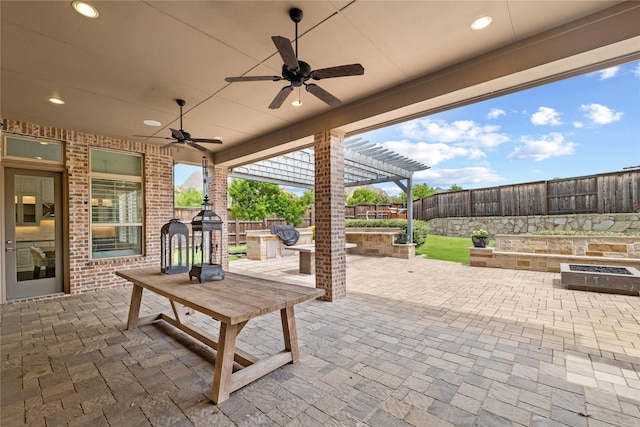 4510 Woodbine Ln, Prosper, TX 75078 - fenced backyard with an outdoor fire pit, a patio area, a pergola, and a ceiling fan