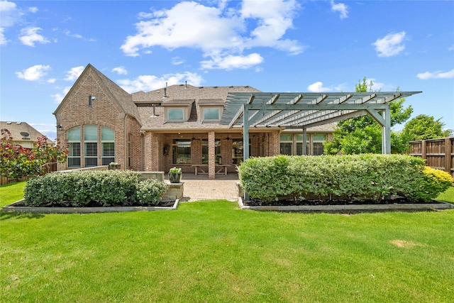 4510 Woodbine Ln, Prosper, TX 75078 - back of property with brick siding, a pergola, and a patio area