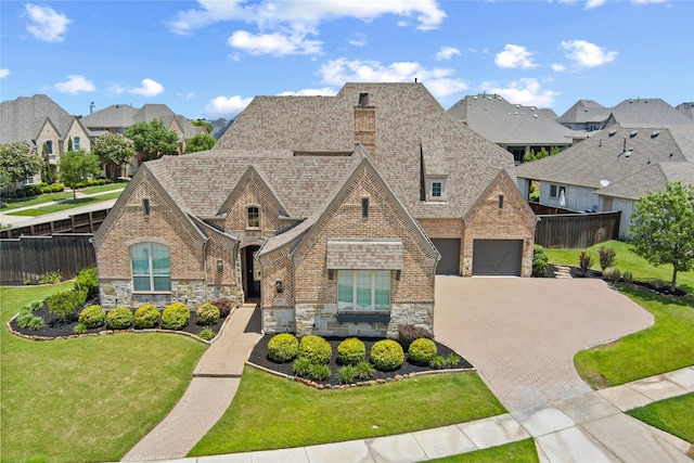 4510 Woodbine Ln, Prosper, TX 75078 - view of front facade with stone siding, decorative driveway, a residential view, a garage, and roof with shingles