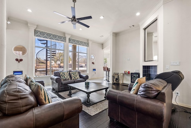 200 Mill Xing W Unit W, Colleyville, TX 76034 - living room with ceiling fan, ornamental molding, dark wood-style flooring, recessed lighting, and decorative columns