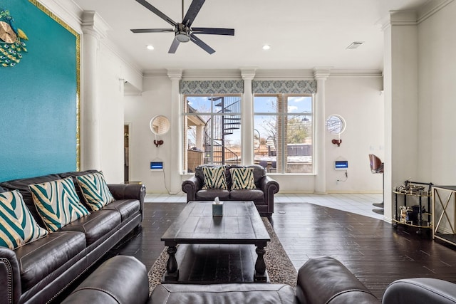 200 Mill Xing W Unit W, Colleyville, TX 76034 - living room featuring ceiling fan, crown molding, ornate columns, wood finished floors, and recessed lighting