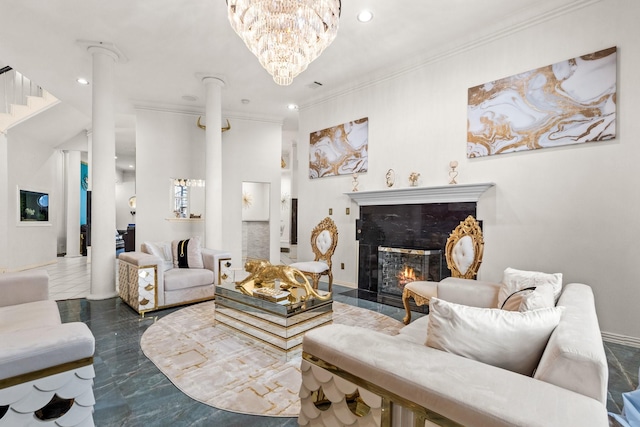 200 Mill Xing W Unit W, Colleyville, TX 76034 - living room with ornate columns, crown molding, a high end fireplace, recessed lighting, and a chandelier