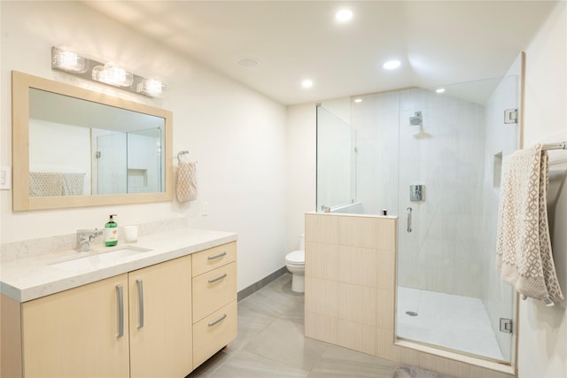 6956 Meadowbriar Ln, Dallas, TX 75230 - full bathroom with vanity, a stall shower, and recessed lighting