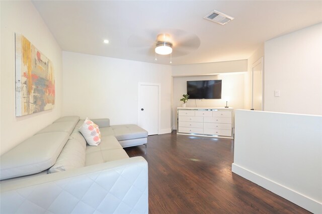 6956 Meadowbriar Ln, Dallas, TX 75230 - living room with dark wood-style flooring, ceiling fan, and recessed lighting