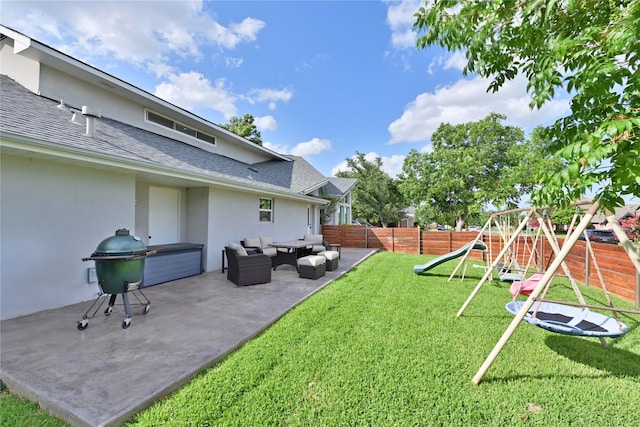 6956 Meadowbriar Ln, Dallas, TX 75230 - fenced backyard with a playground, outdoor lounge area, and a patio area