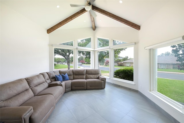 6956 Meadowbriar Ln, Dallas, TX 75230 - living room with beam ceiling, ceiling fan, light tile patterned floors, high vaulted ceiling, and recessed lighting